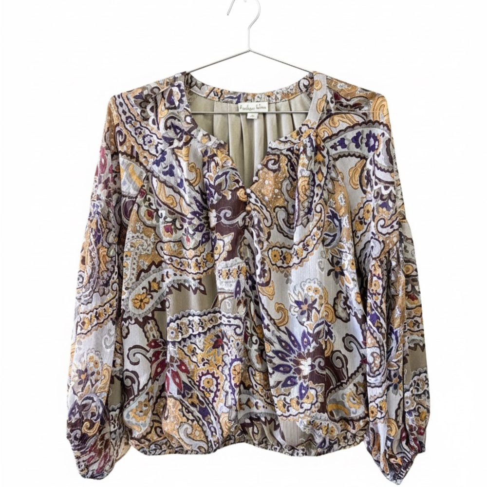 Indigo Rose Raglan Style Elastic Bottom Blouse with Purple & Taupe tones - M